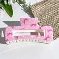 Pink square hair claw clip with white hearts and dark pink bow patterns - Heart and Bow Pattern (142-6)