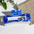 Blue ocean theme hair claw clip with white nautical prints of sailboats and shells - Blue Sailboat and Fish (144-2)