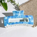 Blue ocean theme hair claw clip with starfish and seashell prints in a square design - Blue Sea Star and Shell (144-4)