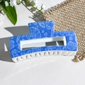 Blue and white square hair claw clip with ocean motifs like shells and seahorses - Marine Biological Lines (144-6)