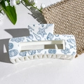 White rectangular hair claw clip with blue ocean coral and seashell UV prints - Blue Ocean Illustration (144-7)