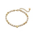 Vergoldetes Edelstahlperlenarmband mit poliertem Herzanhänger und Karabinerverschluss - Goldenes Herz und Weiße Künstliche Perle (32158)