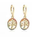 18K gold plated Tree of Life earrings with heart leaves and rainbow zircon accents - Oval Rainbow Zirconia Tree Style (45892)