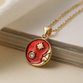 Collana vintage placcata oro con ciondolo luna e stelle in smalto rosso e zircone - Stile Luna Stella Rosso (25000)