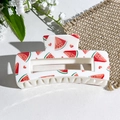 Creamy white rectangular hair claw clip with watermelon and red heart print patterns - Watermelon and Heart Pattern (146-1) / ABS