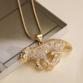 Luxury 18K gold plated cheetah pendant necklace with sparkling white zircons and green eyes - Running Leopard (25040)