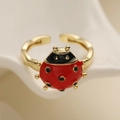 Minimalist 18K gold plated copper ladybug open ring with red enamel and black dots - Adjustable Open / Ladybug Style Three (14700)