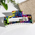 Rectangular hair claw with colorful street art graffiti patterns and white base - Colorful Graffiti OK Pattern (149-7) / ABS