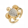 Macro shot of gold-plated turtle ring with silver zircon shell and adjustable open band - Adjustable Open / Sea Turtle Shape (14749)