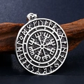 Close-up of vintage stainless steel Viking Vegvisir pendant with Elder Futhark runes - Viking Compass Rune Style (BP8-299)