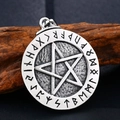 Vintage stainless steel Viking pendant featuring pentagram and Nordic runes on wood - Pentagram Rune Style (BP8-275)