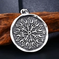 Macro detail of vintage stainless steel Viking Vegvisir pendant with wood texture background - Viking Compass Flame Pattern (BP8-273)