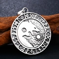 Vintage stainless steel Viking Fenrir wolf pendant with Nordic runes on a rustic wood background - Wolf Sun Moon Rune (BP8-277)
