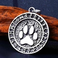 Vintage stainless steel Viking bear paw pendant with Nordic runes on rustic wood background - Bear Claw Rune Style (BP8-280)