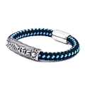 Braided leather bracelet in blue and black with silver mantra bead and magnetic clasp - 18cm / Blue White Blue