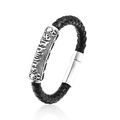 Black braided leather bracelet with engraved silver metal tube and magnetic clasp - 18cm / Black