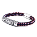Braided leather bracelet with Six-Word Mantra silver tube and magnetic clasp - 18cm / Red/White/Blue