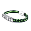Three-color woven leather bracelet with vintage silver mantra charm and magnetic clasp - Green Yellow Green