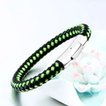 Three-color woven leather bracelet with polished stainless steel magnetic clasp - Green Yellow Green (No Tube)