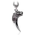 Vintage stainless steel wolf head pendant with textured curb chain and mirror reflection - Wolf Head Tooth Style With Metal Chain (BP8-380)