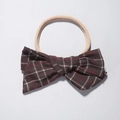 Pink nylon baby headband with brown checkered cotton bow on a clean grey background - Brown White Gingham Style (4)