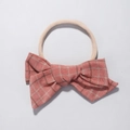 Pink plaid cotton bow on soft nylon headband for babies and toddlers, white background - Pink Red Gingham Style (3)