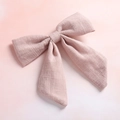 Detail shot of pale pink slub cotton bow hair clip with natural linen fabric texture - Mauve (14)