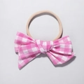 Detail of pink and white checkered bow headband made of soft cotton and nylon for babies - Pink White Gingham Style (6)