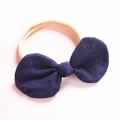 Soft nylon baby headband with a large dark purple linen bow for infant girls - Navy Blue