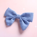 Linen cotton bow hair clip for girls featuring blue and white polka dot pattern design - Denim Blue