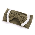 Detail of olive green baby headband featuring a large bow with white pom-poms lace trim - Army Green