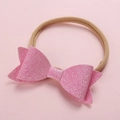 Pink sequin bow headband with soft nude nylon elastic band for baby girls and infants - Pink 1