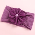 Detail of soft purple elastic nylon headband featuring a pleated satin flower with beads - Light Purple Floral