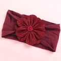 Detail of burgundy satin flower headband with beads on wide elastic nylon fabric - Burgundy