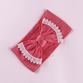 Detail of coral pink baby nylon headband with white lace trim and bow knot design - Watermelon Red