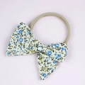 Floral print baby headband with oversized bow on khaki soft stretch nylon band - Blue Floral