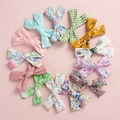 Set of 12 cute floral cotton bow hair clips with polka dots and plaid patterns for girls - Random Mixed Colors