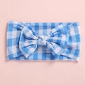Detailed view of soft blue gingham plaid baby headband with oversized bow knot - Blue Plaid