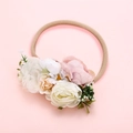 Detailed view of floral baby headband with pink peonies, white roses and green berries - Pink Peony and Cream Rose Style (6)