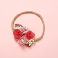 Detail of red mesh rose and floral elastic headband for infants with sparkling rhinestone accents - Big Red Rose and Berry Decor Style (15)