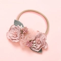 Detailed macro view of handmade pink floral baby headband with soft nylon elastic band - Pink Gradient Pearl Silk Flower Style (18)