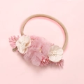 Detail of pink chiffon flowers and daisy on elastic nylon headband for baby girls - Pink Milk White Pleated Daisy Style (23)