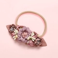Detail of soft baby floral headband with handmade flowers and pearl stamen accents - Morandi Purple Dusty Pink and Cream Style (27)