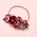 Detail of baby floral headband with dark red fabric flowers and soft nylon elastic band - Deep Red Fabric and Pink Purple Satin Style (36)