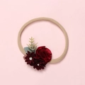 Detail view of baby floral headband with red satin roses and crystal embellishments - Beige Nylon Dark Red Satin Rose (27)
