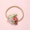Detail of baby nylon headband with handmade fabric flowers and golden fruit accents - Pastoral Vintage Triple Rose (26)
