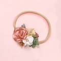 Handmade floral headband for baby girls with soft nylon band and fabric flower cluster - Nude Elastic Pink Fabric Cluster (25)