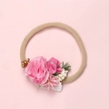 Soft nylon baby headband with pink fabric flowers and gold bead accents on pink base - Beige Nylon Pink Satin Flower (24)