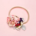 Detailed view of baby flower headband with pink roses, berries and soft nylon band - Nude Pink Rose Purple Berries (20)