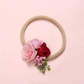Detailed view of soft baby headband with handmade fabric roses in shades of pink and red - Pink Triple Rose Combo (5)